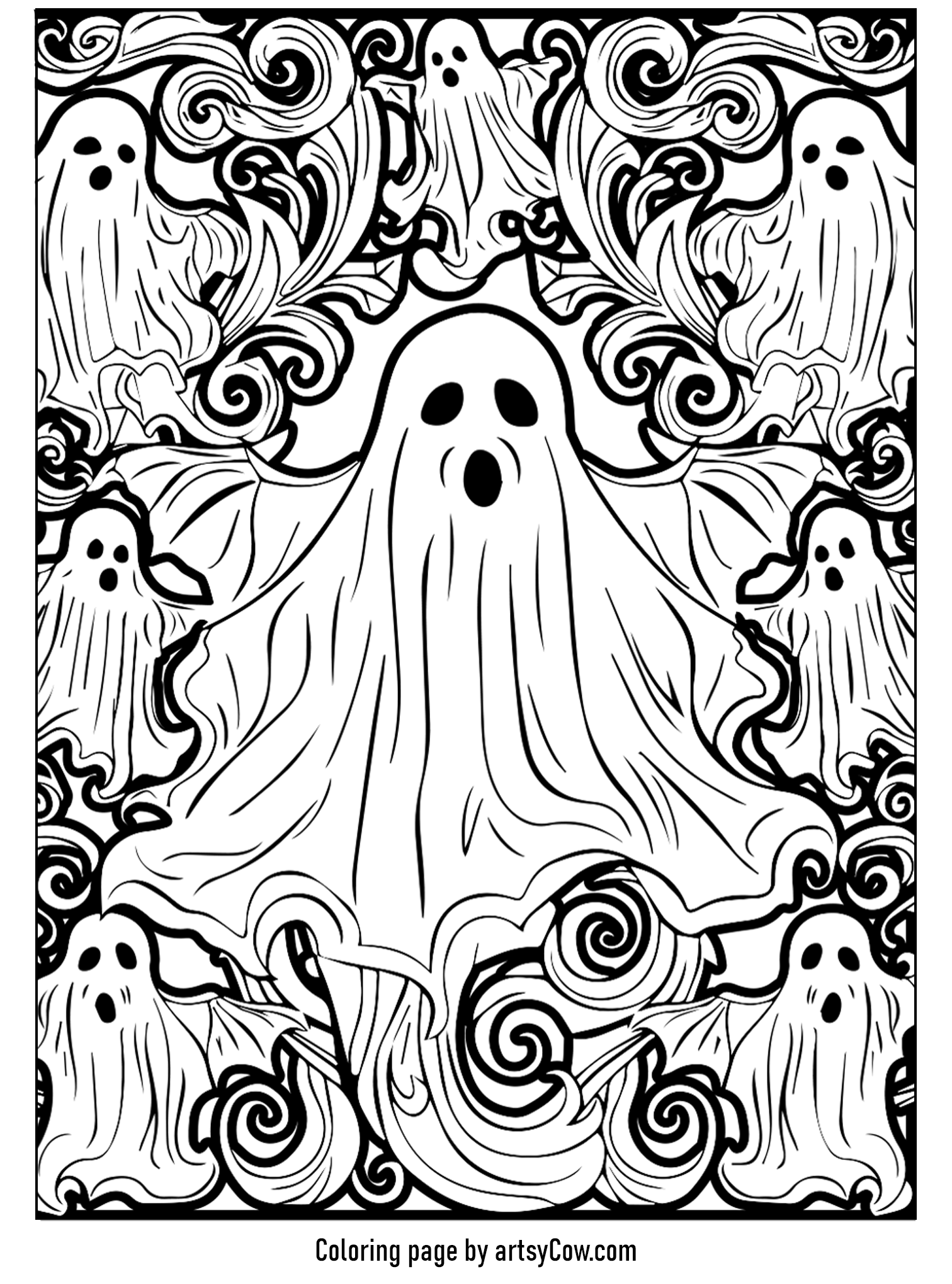Halloween ghost mandala featuring multiple friendly ghosts surrounded by intricate swirls in a symmetrical design.